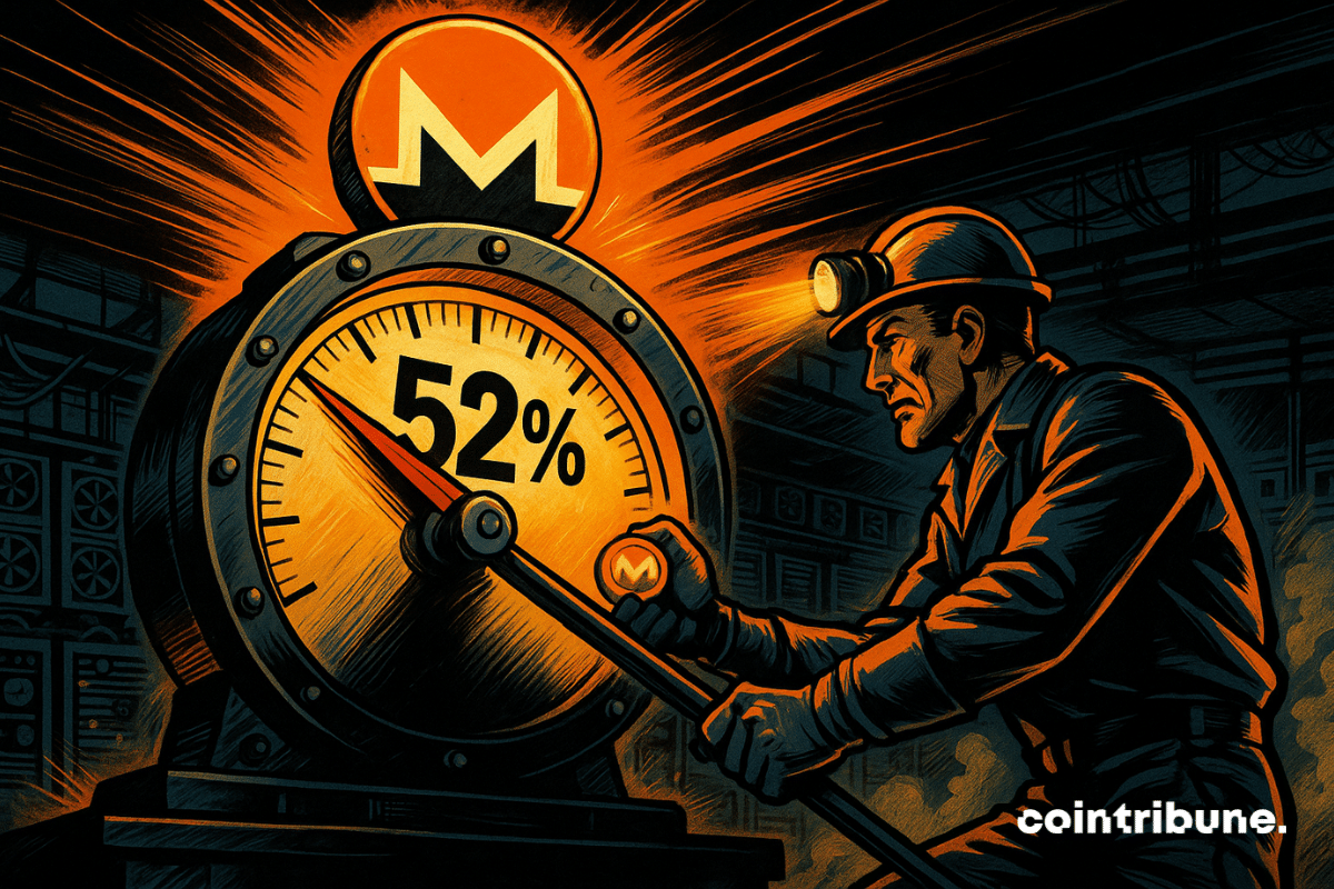 Un inmenso contador mecánico de estilo industrial, cuya aguja rojo-naranja apunta precisamente al 52 %, simbolizando la hazaña de la red Qubic. El dial está rodeado de metal oscuro, con remaches visibles, y en la parte superior se alza un brillante logotipo de Monero (XMR), casi como un emblema de victoria.
