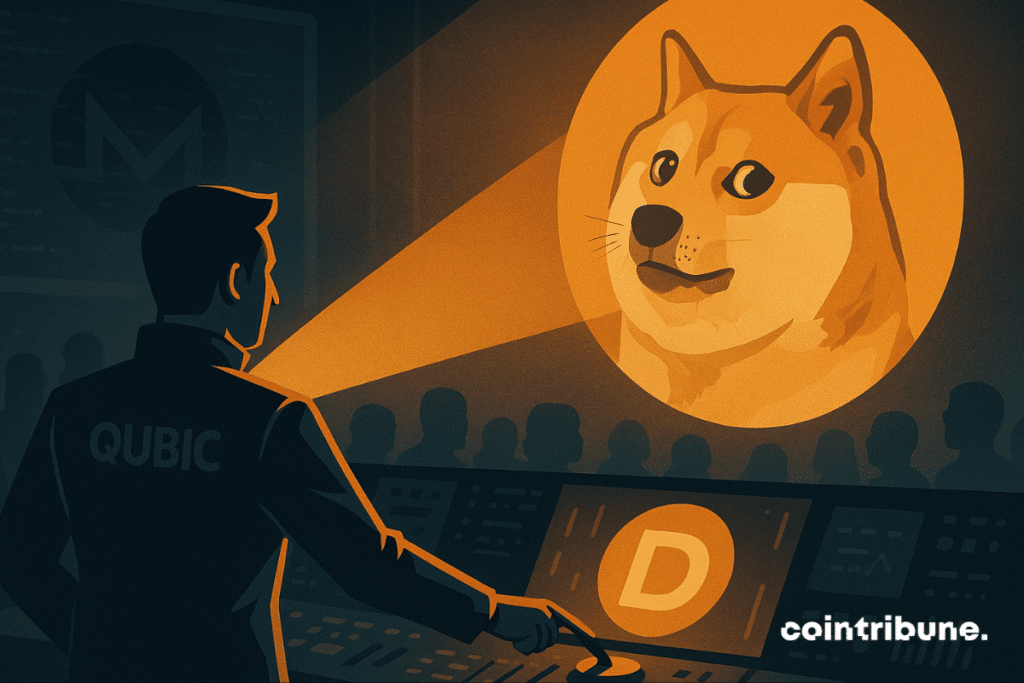 Un homme dans une salle de contrôle projette un symbole Dogecoin tandis qu'un logo Monero s'estompe en arrière-plan, observé par une foule.