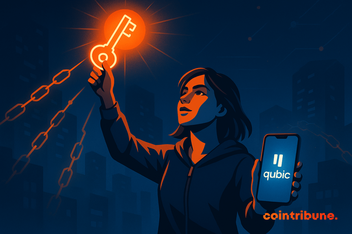 Illustration d’une femme tenant une clé lumineuse et un smartphone affichant le logo Qubic, symbolisant un portefeuille décentralisé et sécurisé.
