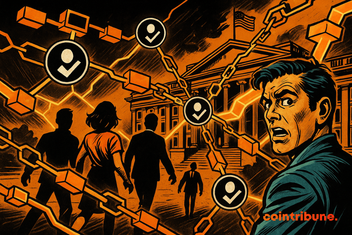 ChatGPT a dit : Silhouettes humaines capturées par filets lumineux de blockchain, marchant vers Trésor américain, ciel noir-orange, checkmarks brillants, ambiance dramatique futuriste.