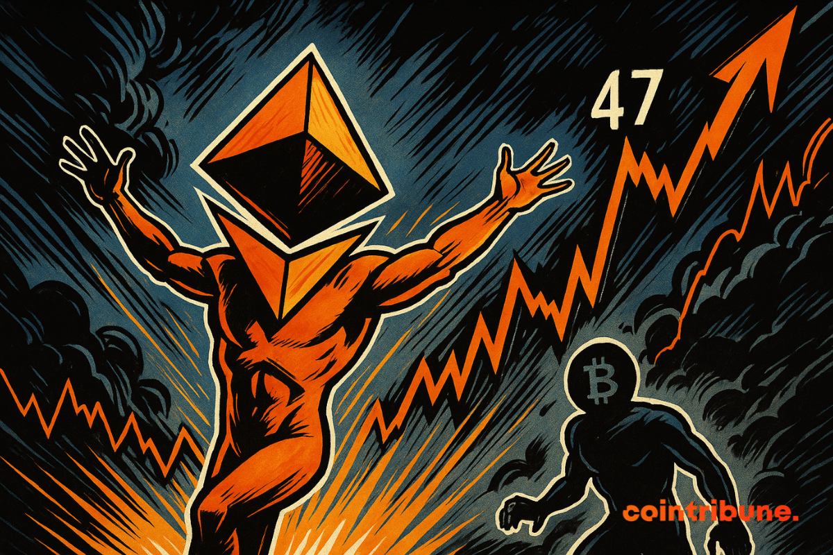 Ethereum héroïque orange au centre, courbes de marché dynamiques, Bitcoin plus petit, tempête noire, ombres inquiétantes, tension et volatilité accentuées.