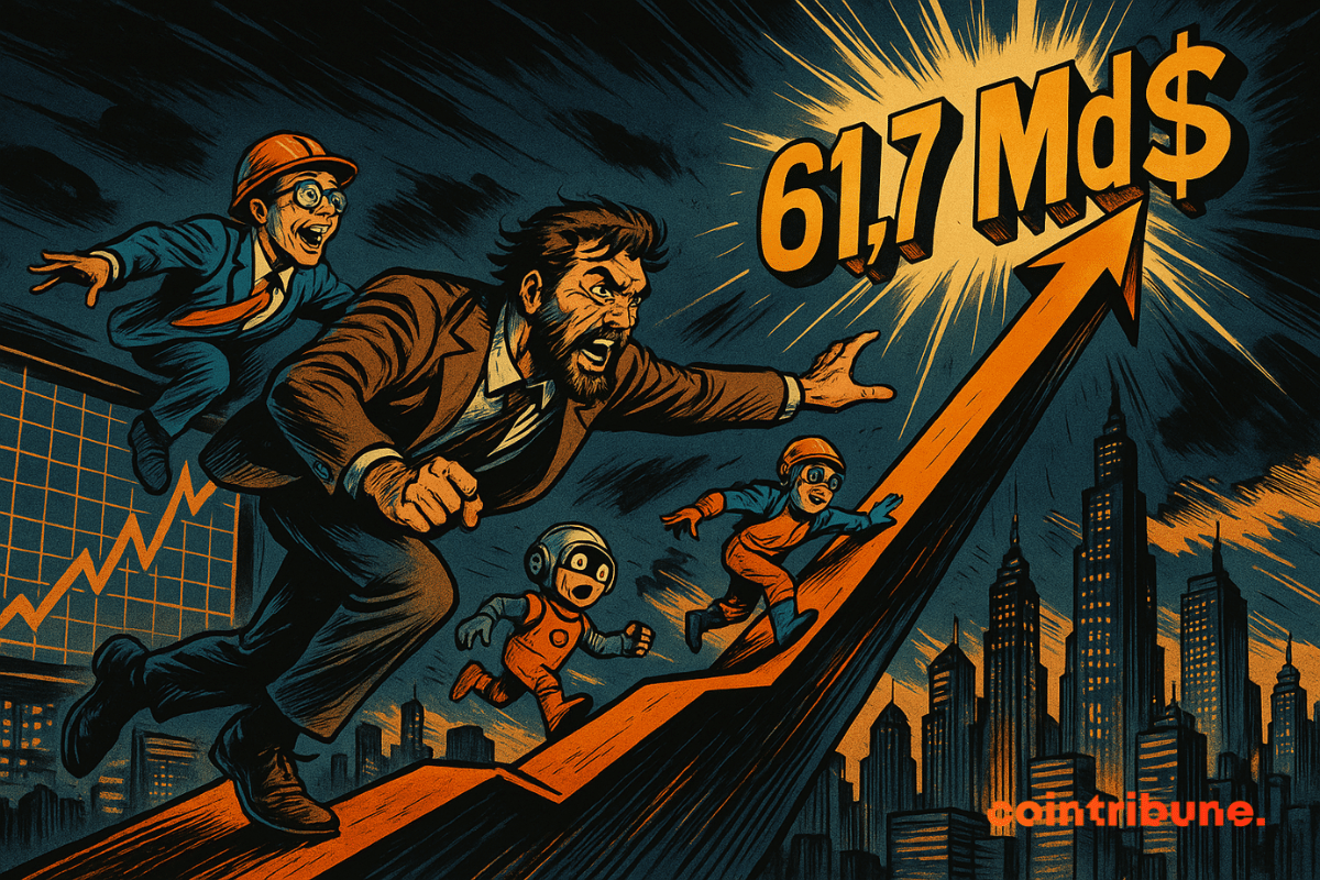 Graphique montagne ascendant, personnages DATCO/ETF/CeFi escaladant, ville futuriste en arrière-plan, chiffre 61,7 Md$, couleurs noir, blanc, orange, dynamique.