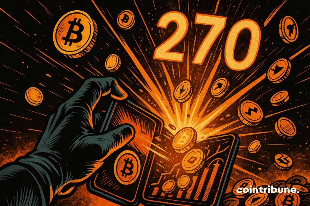 Une main gantée ouvre un portefeuille crypto, libérant une explosion orange de pièces et le chiffre 270 lumineux.