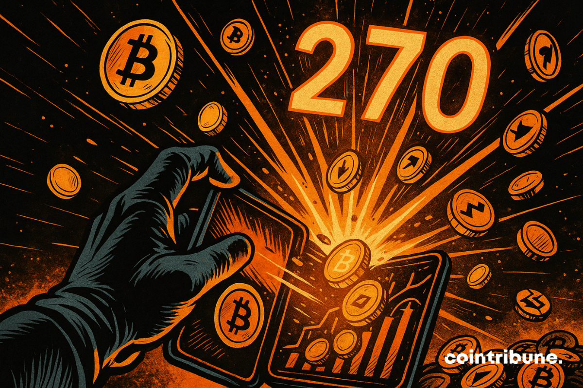 Une main gantée ouvre un portefeuille crypto, libérant une explosion orange de pièces et le chiffre 270 lumineux.