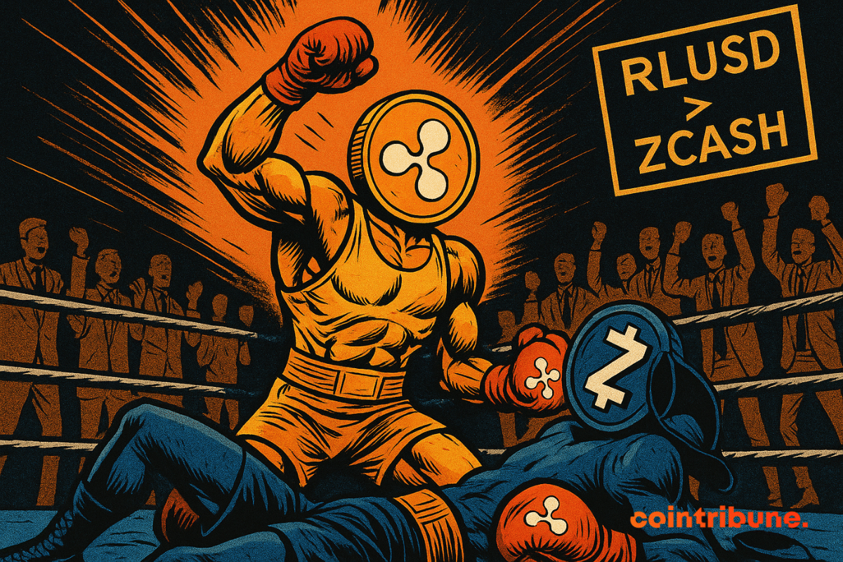 Une silhouette musclée et humanoïde avec une pièce RLUSD en guise de tête se tient victorieuse sur un ring de boxe, levant un gant tandis que Zcash, avec une tête en pièce bleue, est allongé vaincu sur la toile tandis qu'une foule en costume applaudit.
