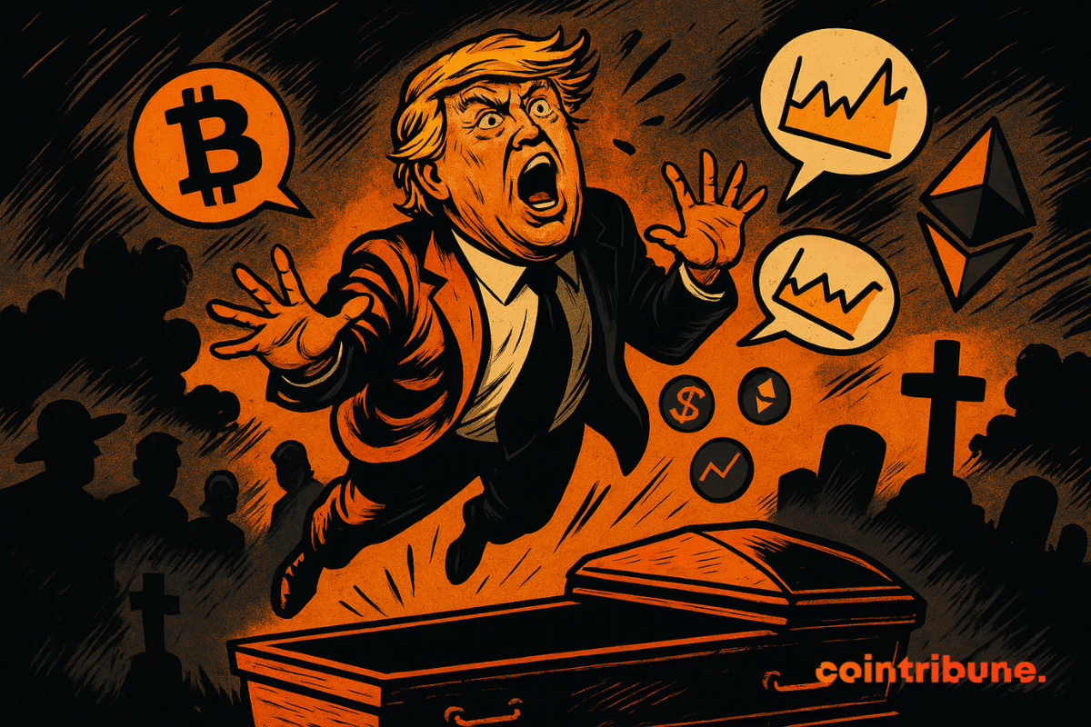 Un Trump caricatural crie, flottant au-dessus d’un cercueil orange, entouré de cryptos lumineuses, journalistes flous, ambiance sombre dramatique, mouvement intense.