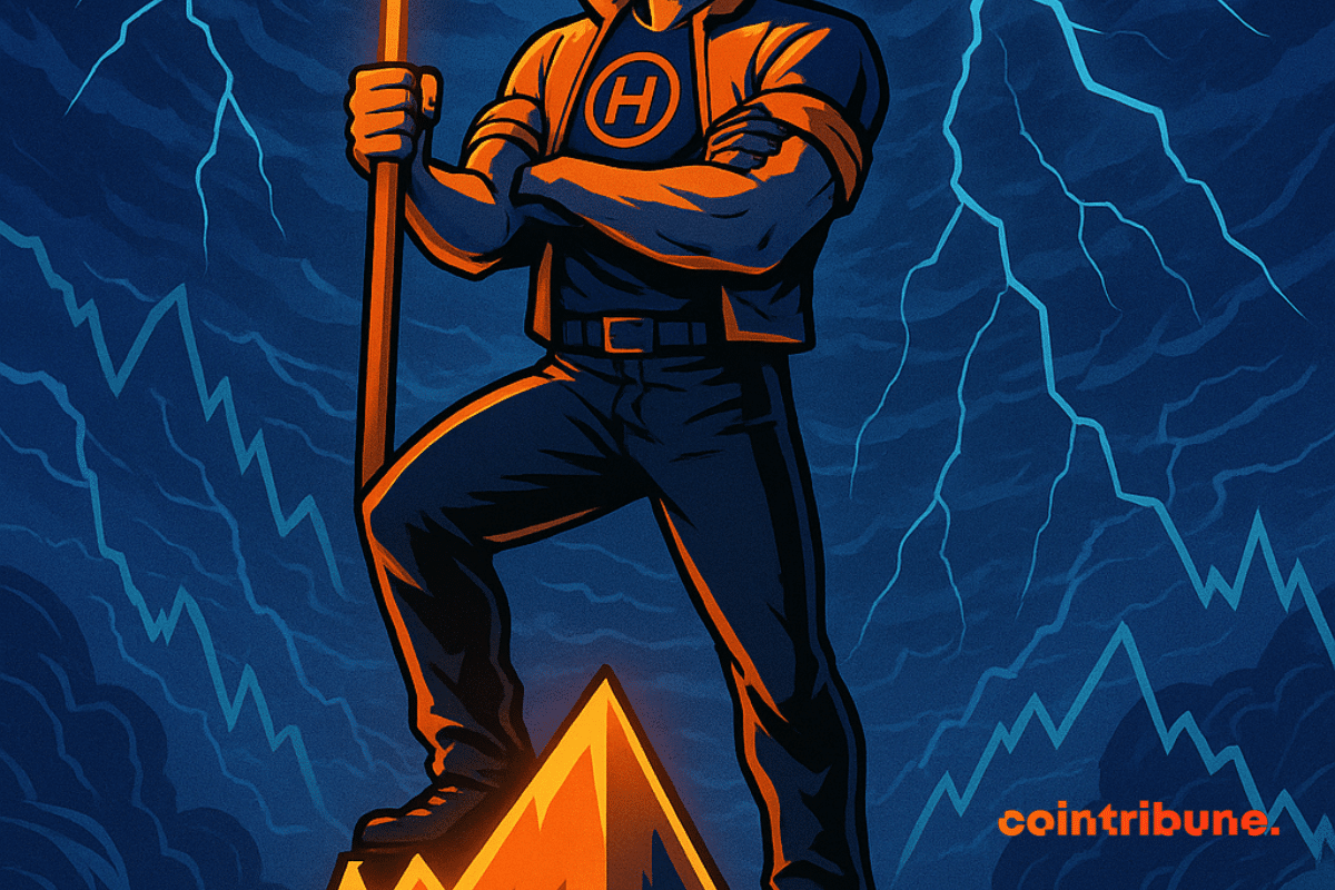 Un héros crypto debout sur un sommet de graphique, symbolisant Hyperliquid (HYPE) résistant fièrement à la tempête du marché.