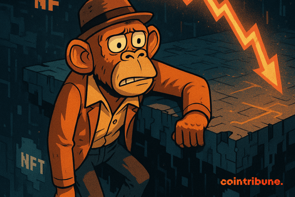 An NFT monkey hanging from a digital ledge resists falling from a chart displaying "3.62B" in orange.