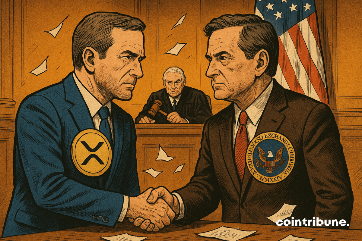aperto de mão no tribunal entre representantes da Ripple e da SEC.