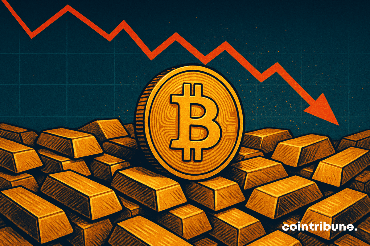 Une pièce de Bitcoin se dresse parmi des lingots d'or tandis qu'une flèche rouge indiquant le prix à la baisse se profile en arrière-plan, symbolisant un déclin du marché.