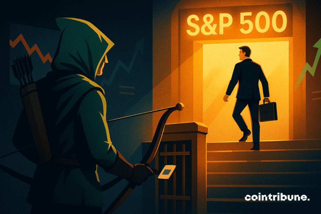 Un homme d'affaires de Robinhood se voit refuser l'entrée du S&P 500 alors qu'il monte les escaliers sous une lumière dorée