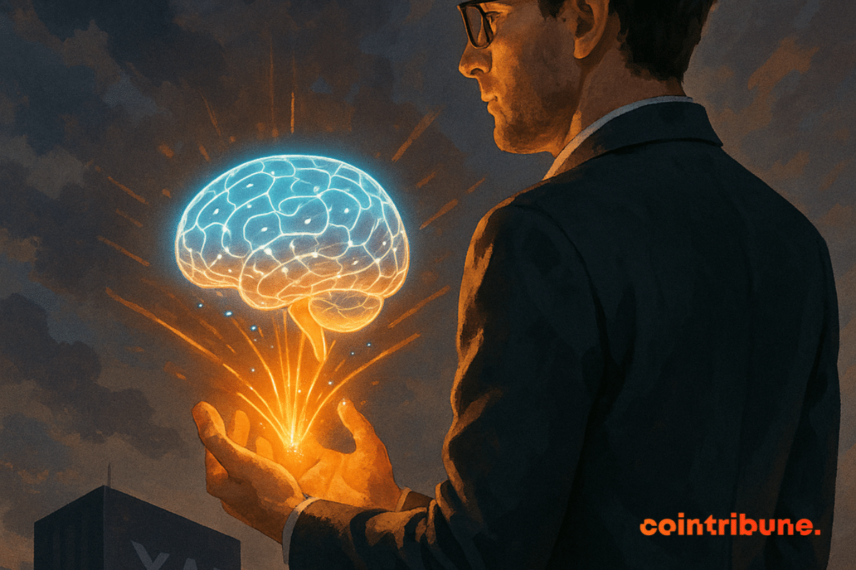 Un entrepreneur tient un cerveau holographique brillant, tournant le dos au bâtiment sombre de xAi sous un ciel dramatique.