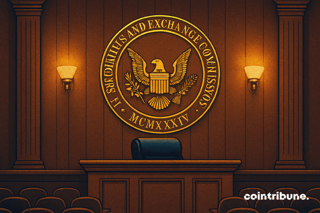 Escena de sala de tribunal con el sello de la Comisión de Bolsa y Valores de Estados Unidos (SEC) exhibido sobre el banco de un juez.