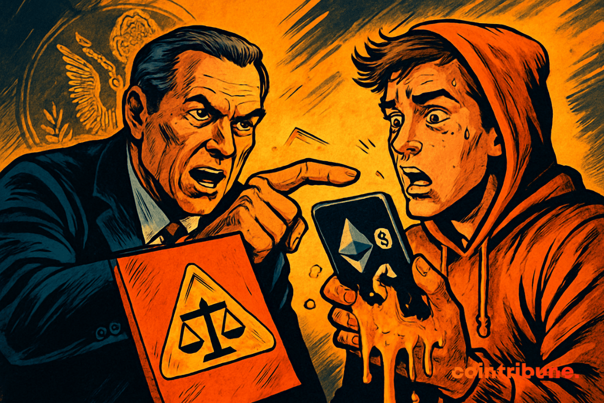 Un agent de la SEC accuse un jeune investisseur crypto tenant un smartphone qui fond.