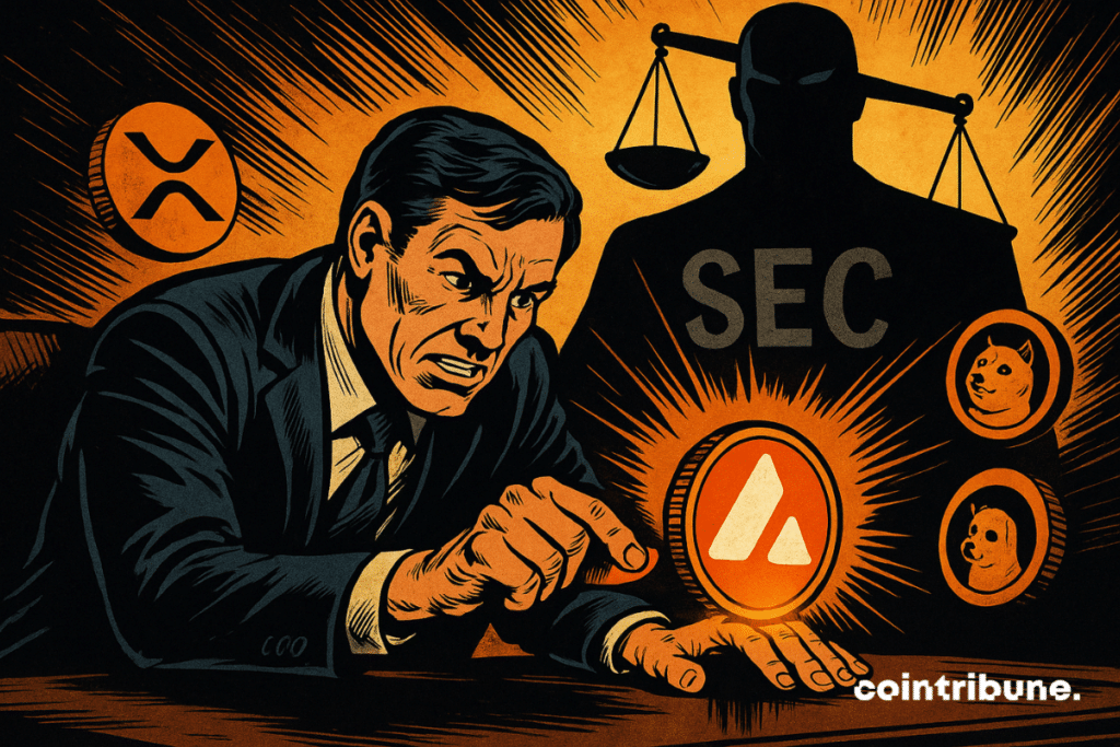 Concentrated Grayscale character holds luminous Avalanche, confronting imposing silhouette of SEC, while XRP and DOGE float, tension and suspense palpable.