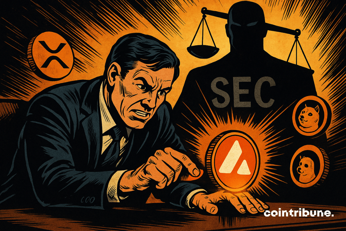 Concentrated Grayscale character holds luminous Avalanche, confronting imposing silhouette of SEC, while XRP and DOGE float, tension and suspense palpable.