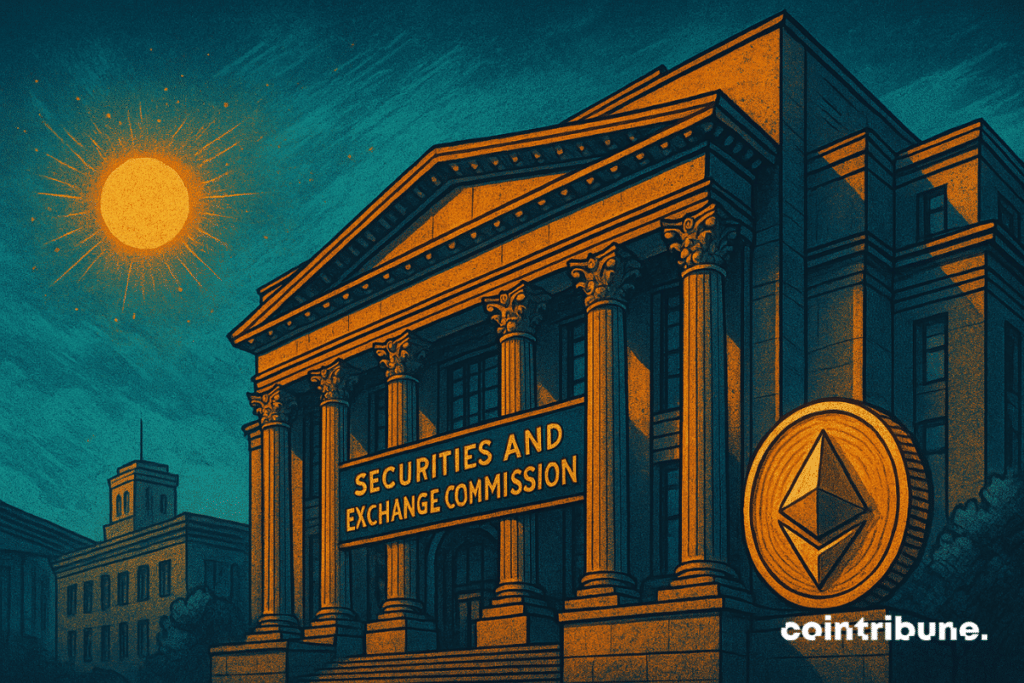 Illustration du bâtiment de la Securities and Exchange Commission (SEC) des États-Unis avec un grand symbole de pièce Ethereum à côté, sous un soleil éclatant.
