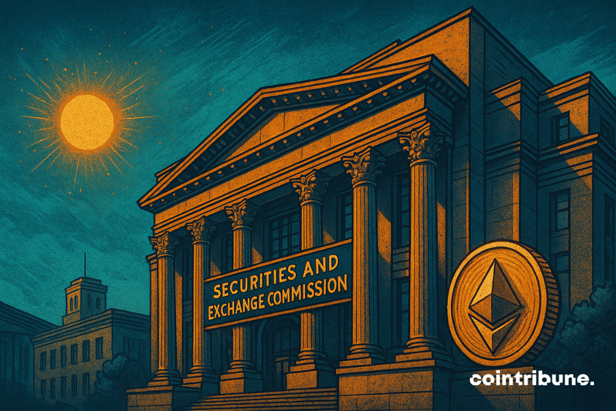 Illustration of the U.S. Securities and Exchange Commission (SEC) building with a large Ethereum coin symbol beside it, under a glowing sun.
