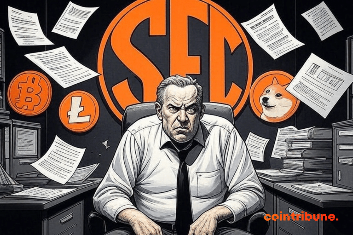Homme frustré au bureau SEC, logos crypto (XRP, LTC, SOL, DOGE)