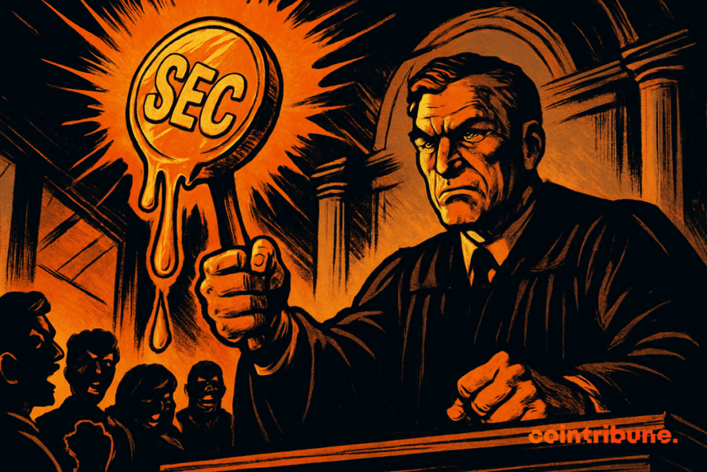 Um juiz severo em um tribunal escuro levanta um martelo laranja brilhante marcado com "SEC", seu líquido pingando enquanto espectadores chocados assistem.