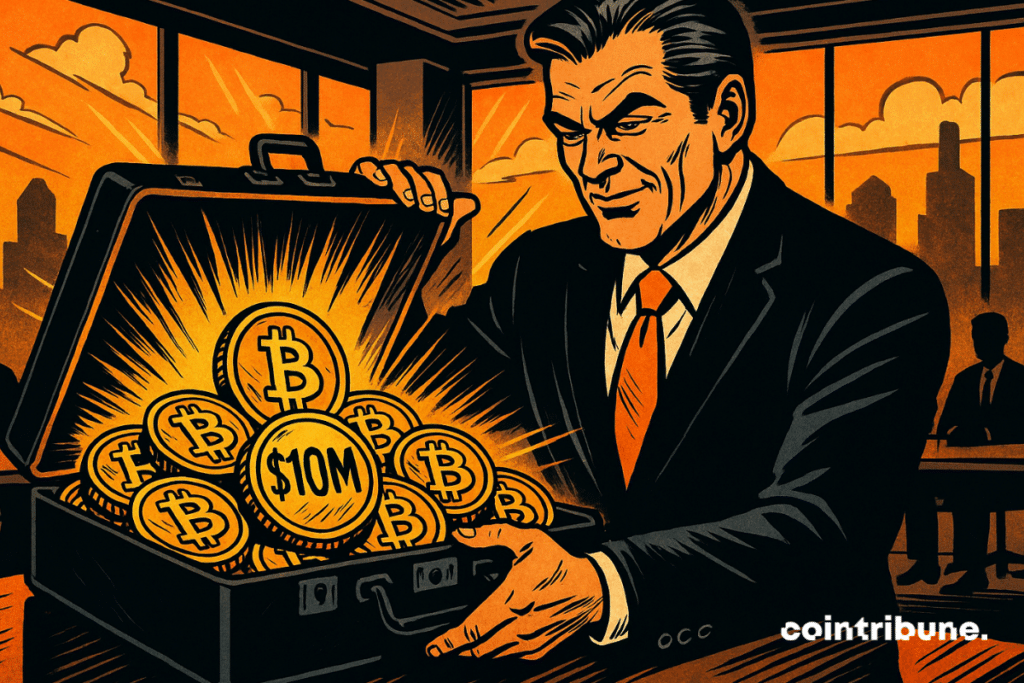 Un hombre de negocios abre un maletín lleno de brillantes monedas de Bitcoin marcadas "10 millones de dólares".