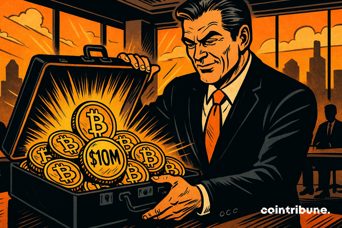 Un homme d'affaires ouvre une mallette remplie de pièces Bitcoin brillantes marquées « 10 millions de dollars ».