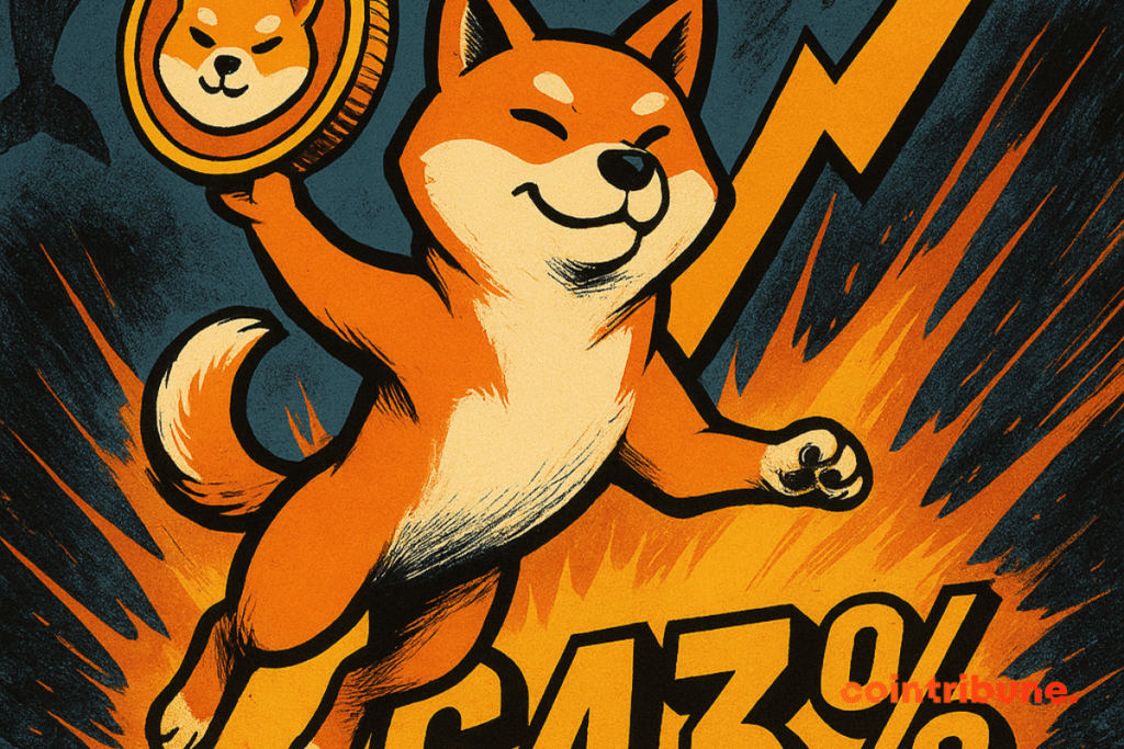Shiba Inu bondissant avec pièce crypto et baleines en arrière-plan, hausse de 643 %.