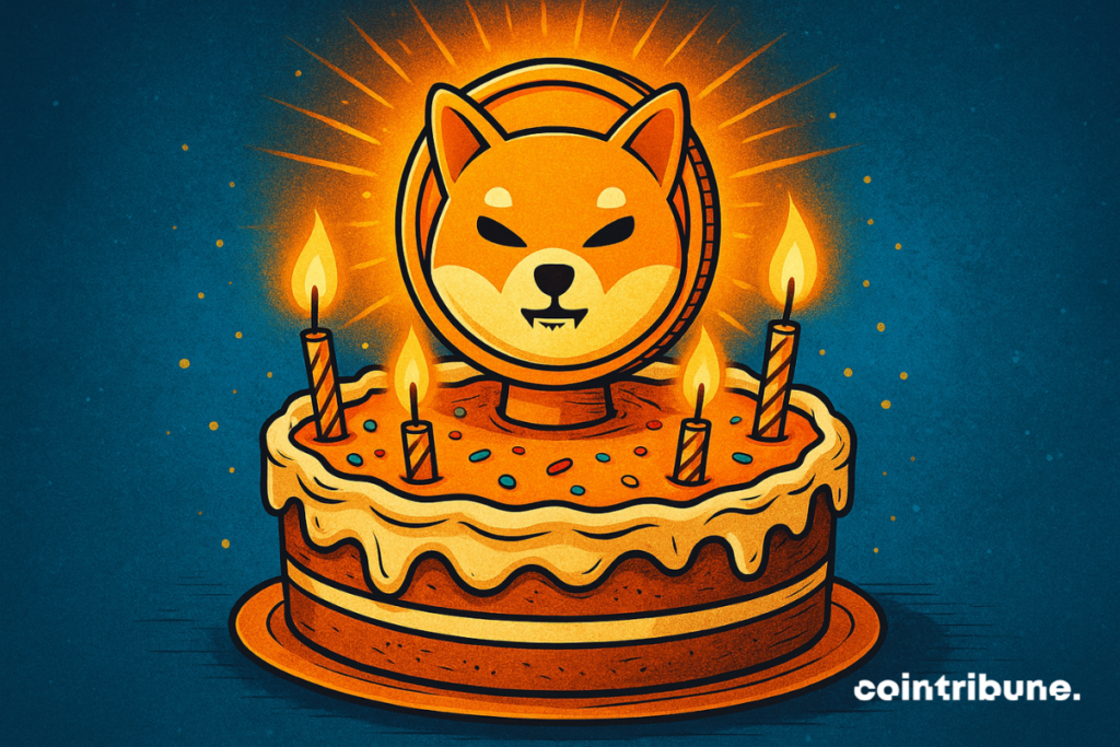 Illustration of a Shiba Inu coin sitting atop a birthday cake with five lit candles, symbolizing Shiba Inu's 5th anniversary in the crypto world.