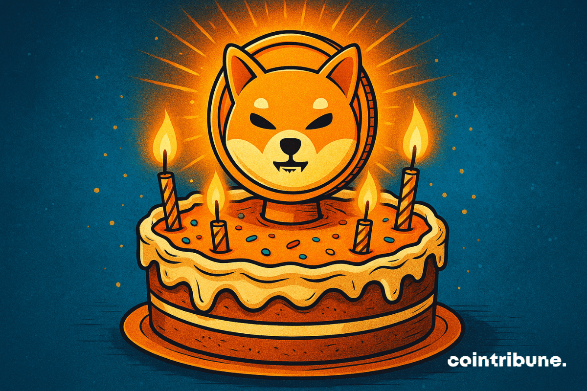 Illustration of a Shiba Inu coin sitting atop a birthday cake with five lit candles, symbolizing Shiba Inu's 5th anniversary in the crypto world.