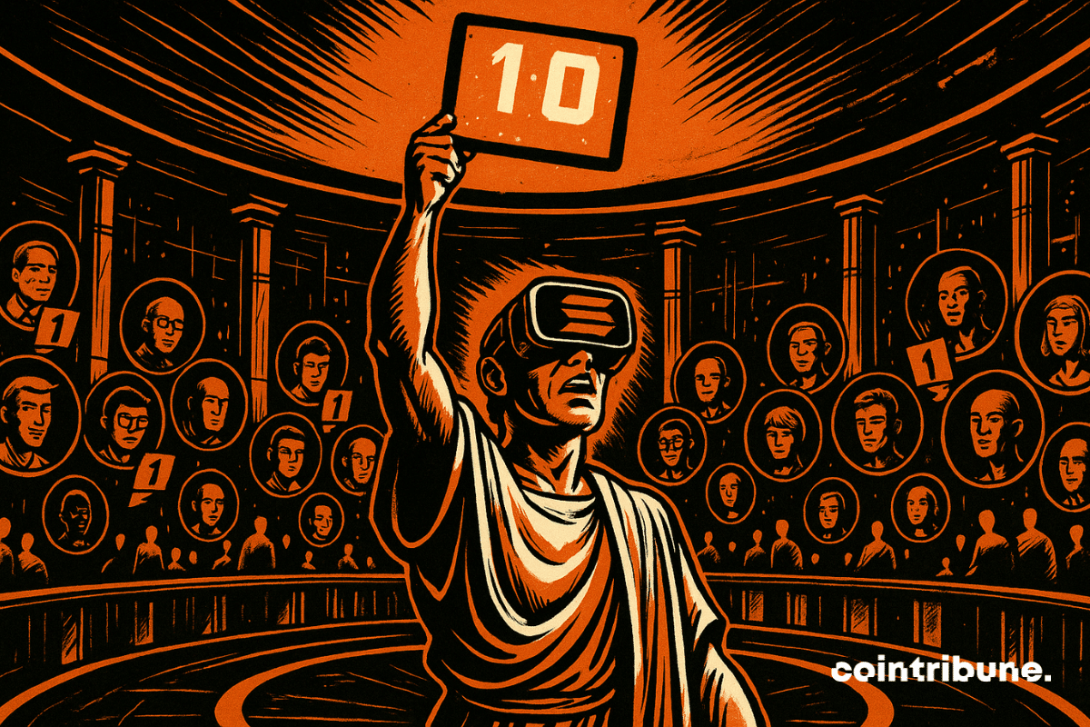 A futuristic Roman-style forum for the Solana vote