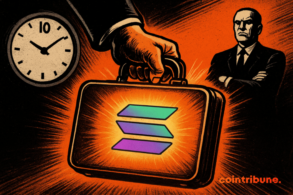 Une scène de style bande dessinée montrant une main en costume saisissant une mallette lumineuse avec le logo Solana, un homme sévère en arrière-plan et une horloge indiquant dix heures.