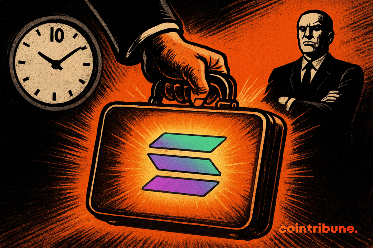 Une scène de style bande dessinée montrant une main en costume saisissant une mallette lumineuse avec le logo Solana, un homme sévère en arrière-plan et une horloge indiquant dix heures.