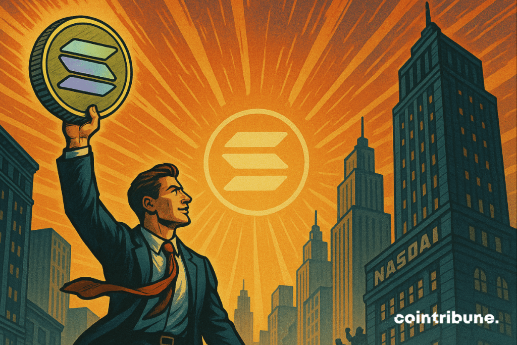 A businessman raises Solana coin at sunrise over city skyline, symbolizing market ascent