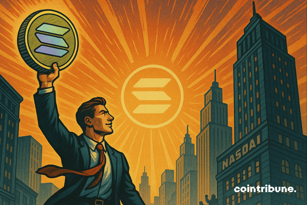 A businessman raises Solana coin at sunrise over city skyline, symbolizing market ascent