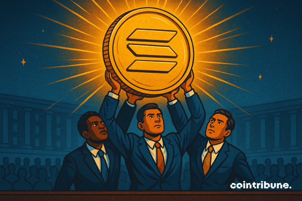 Three suited businessmen hold up a glowing Solana coin in triumph, symbolizing rising institutional investment in the Solana ecosystem.