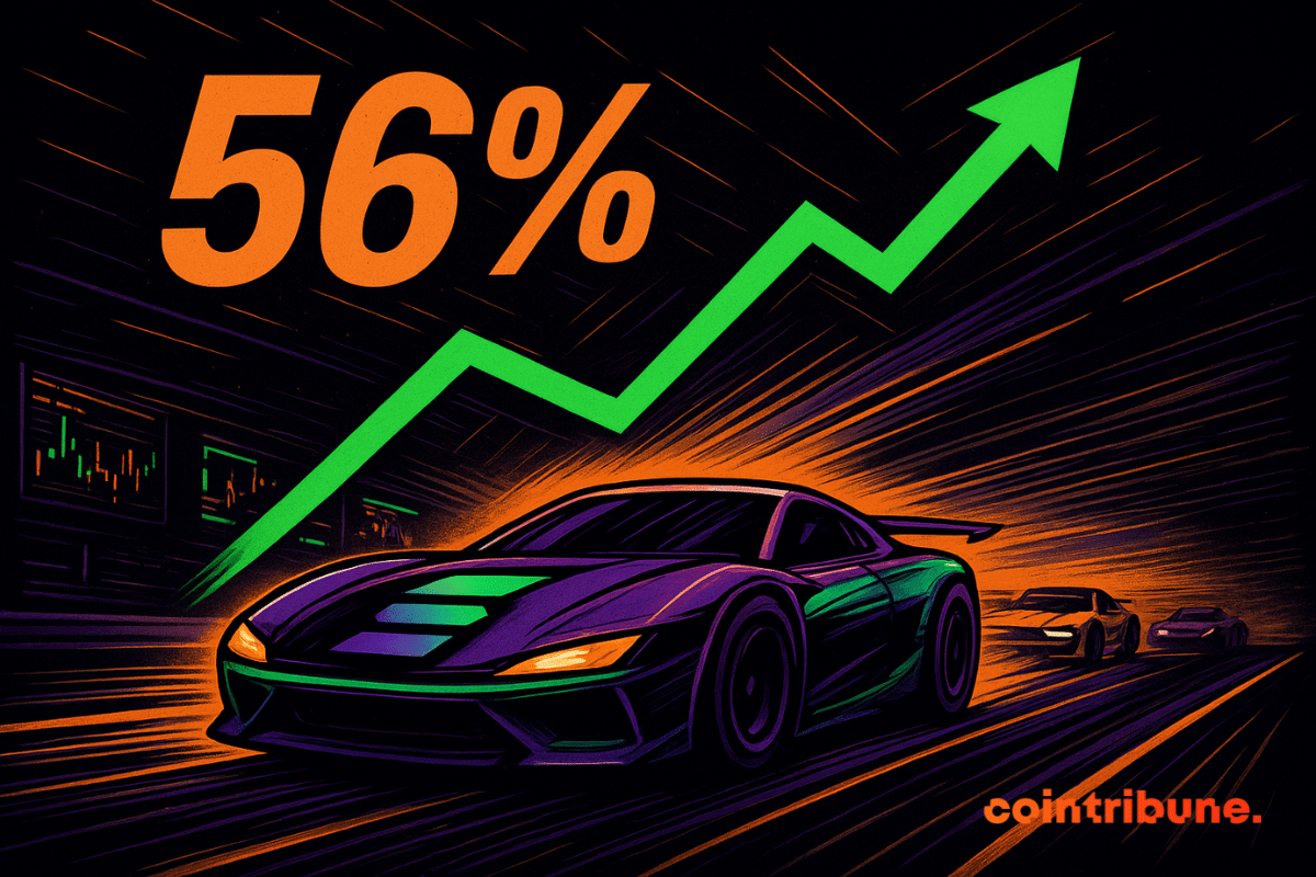 Une élégante voiture de course violette et verte fonce sur une piste au néon, avec un « 56 % » orange brillant et une flèche verte vers le haut au-dessus.
