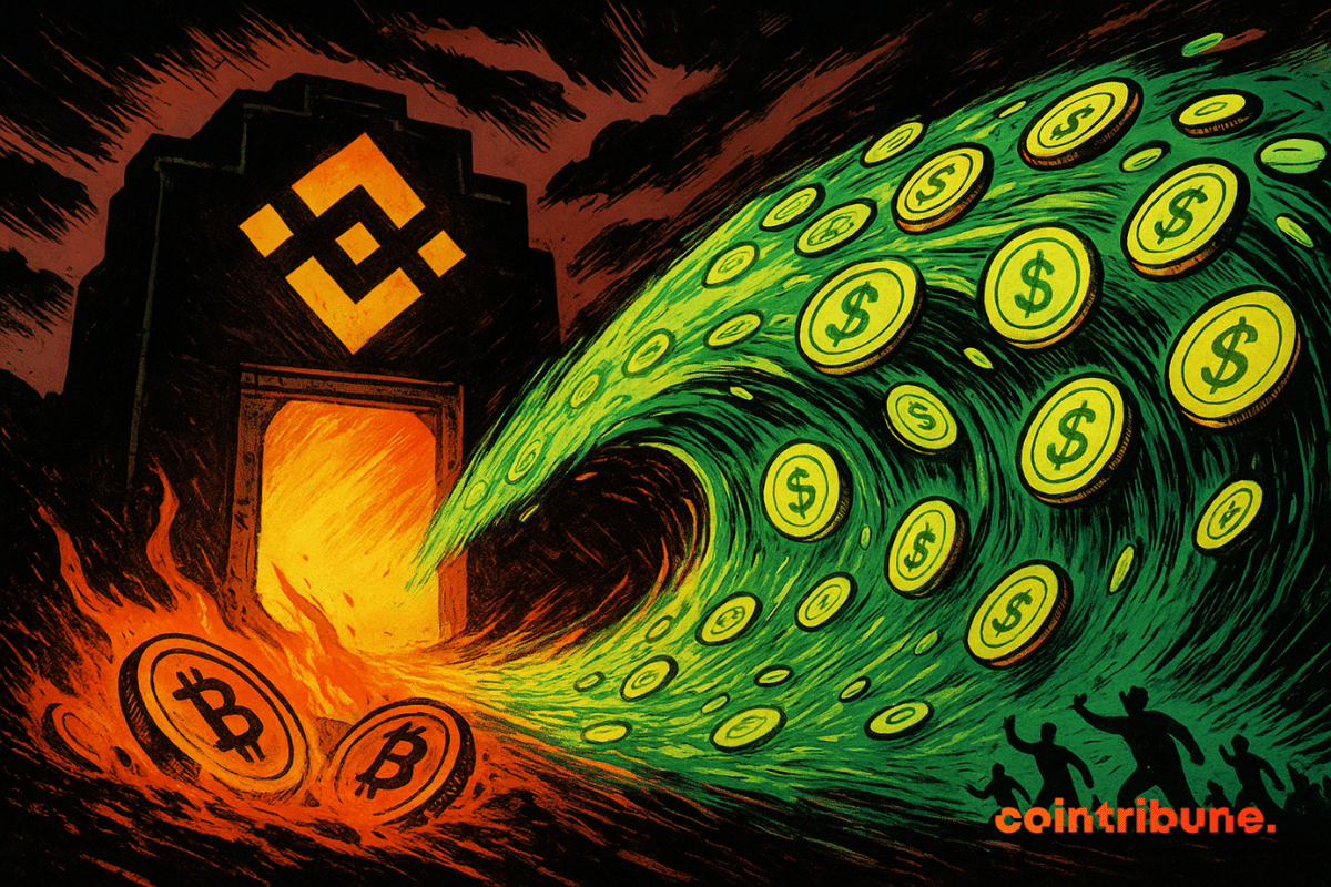 Une scène de style bande dessinée d'un portail Binance lumineux absorbant un flot de pièces de dollars vertes tandis que des pièces Bitcoin enflammées coulent en dessous.