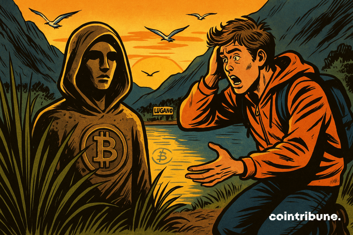 The statue of Bitcoin’s founder, Satoshi Nakamoto, found on the shore of a lake in Lugano.