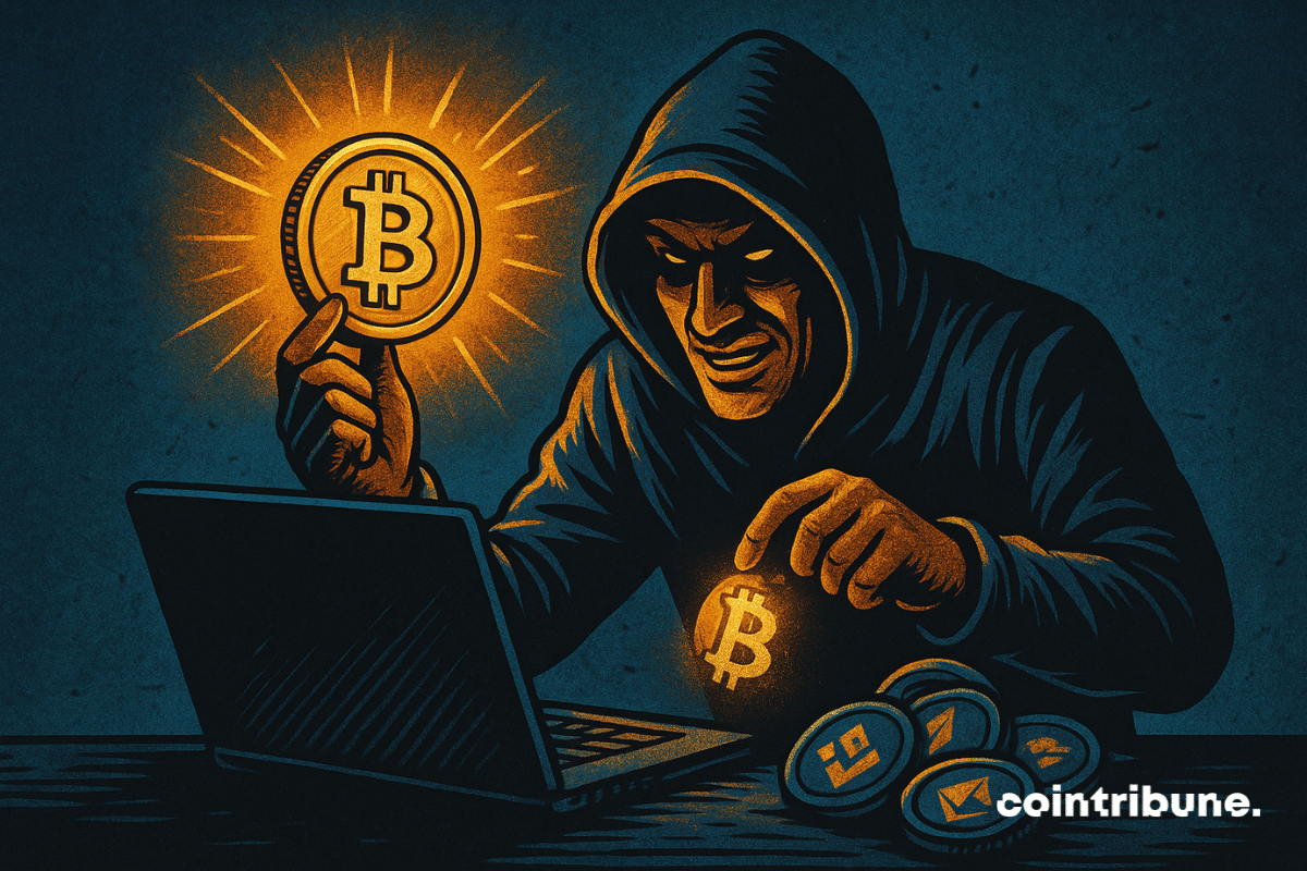 Illustration d'un pirate informatique cagoulé tenant des Bitcoins volés à côté d'un ordinateur portable, entouré de divers jetons cryptographiques, symbolisant un braquage numérique.