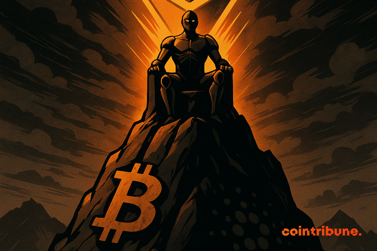 Ilustración de estilo cómic de Ethereum sentado en un trono brillante con la forma de su logotipo, con vistas a una montaña que simboliza el mercado de criptomonedas.