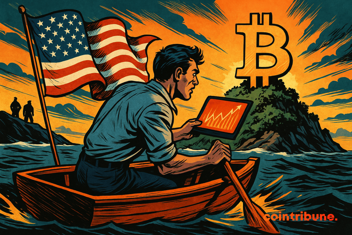 Un trader américain en barque pagaye vers une île luxuriante, excité, observant un graphique crypto, silhouettes de garde-côtes reculant.