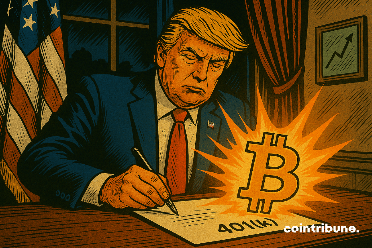 Trump firma una orden ejecutiva, con el rostro concentrado, iluminado por un Bitcoin brillante, con la bandera estadounidense detrás de él, una atmósfera dramática y contrastante.