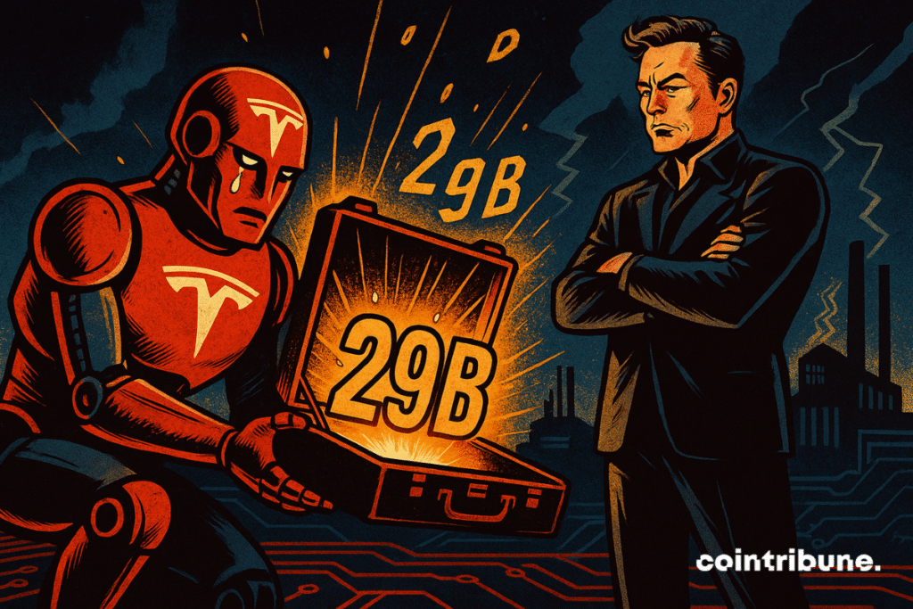 Musk debout en face du robot Tesla. Il tend une valise ouverte remplie de lumière dorée et de chiffres « 29B » (pour 29 milliards).