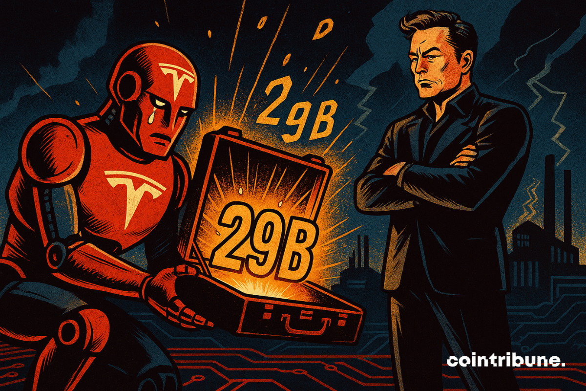 Musk de pie frente al robot de Tesla. Extiende un maletín abierto lleno de luz dorada y los números '29B'.