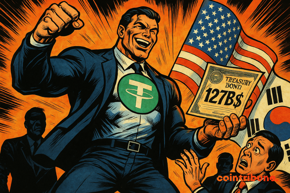 Illustration de Tether, colosse de la crypto, qui surplombe la Corée du Sud avec un bon du Trésor de 127 milliards de dollars en main.