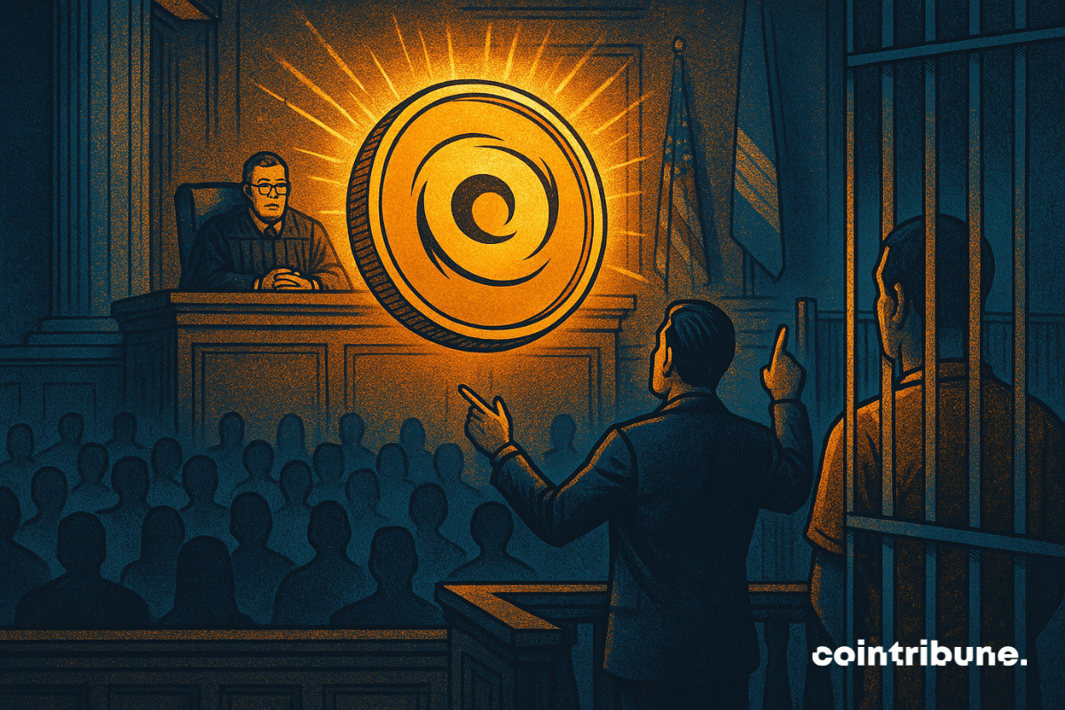 Ilustração de uma cena de tribunal com um juiz, um advogado de defesa e um réu preso com um logotipo brilhante do Tornado Cash simbolizando o foco do caso em ferramentas de privacidade de criptografia.