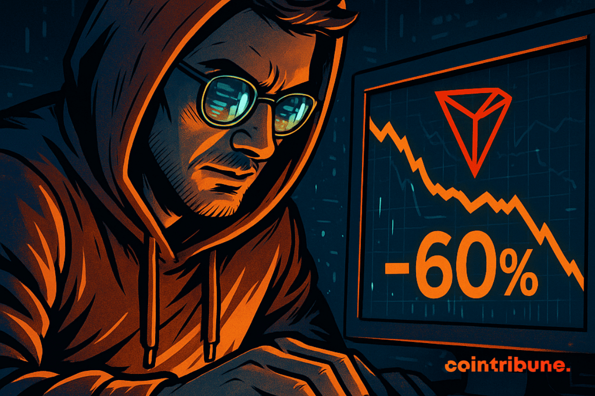 Un trader observe la baisse spectaculaire des frais Tron, affichée en rouge sur un écran, ambiance crypto sombre et intense.