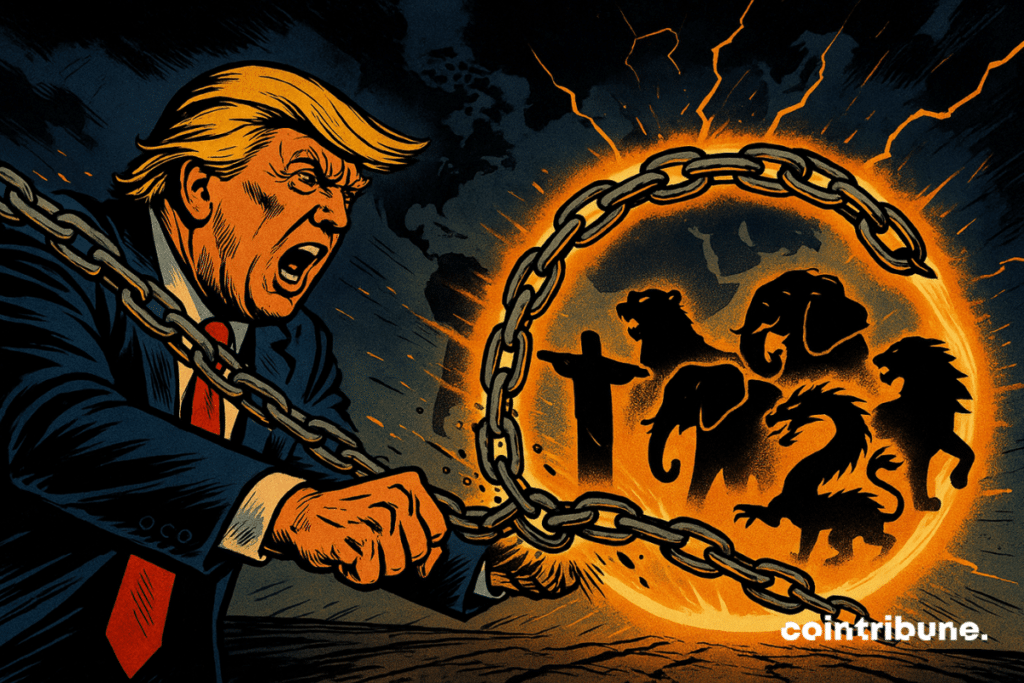 Trump, est très expressif : mâchoire serrée, yeux écarquillés, bouche ouverte dans un cri de colère. Ses bras tendus en avant projettent de grosses chaînes métalliques. Les chaînes, au lieu d’écraser les adversaires, se referment en cercle lumineux orange autour de cinq silhouettes emblématiques représentant les BRICS.