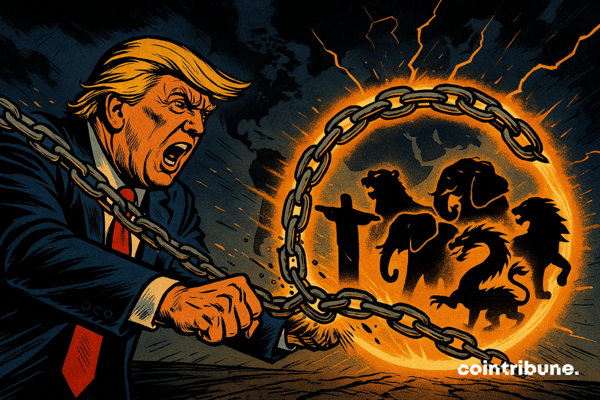 Trump, est très expressif : mâchoire serrée, yeux écarquillés, bouche ouverte dans un cri de colère. Ses bras tendus en avant projettent de grosses chaînes métalliques. Les chaînes, au lieu d’écraser les adversaires, se referment en cercle lumineux orange autour de cinq silhouettes emblématiques représentant les BRICS.