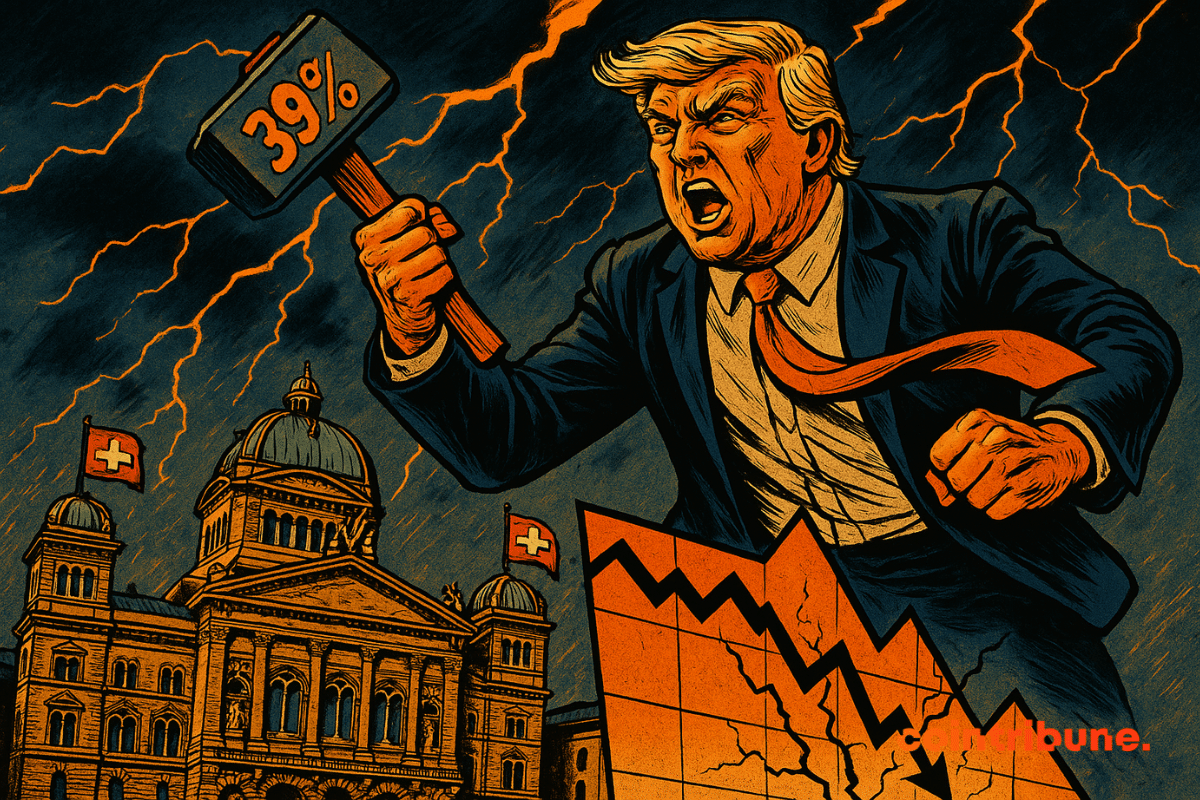 Donald Trump blandiendo un martillo con la etiqueta "39%" sobre el Parlamento suizo, al estilo de los cómics de los años 70, bajo un cielo tormentoso.